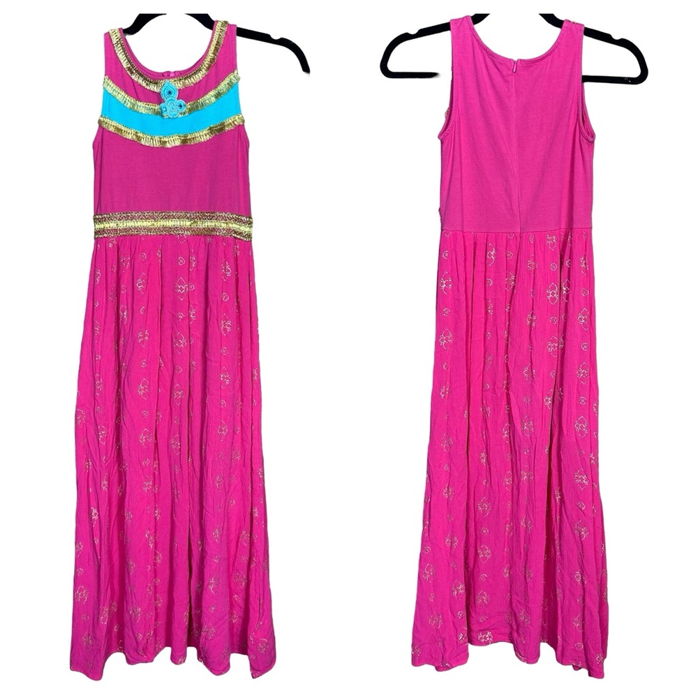 Disney Aladdin Jasmine Pink Gold Fringe Rhinestone Summer Metallic Maxi Dress M